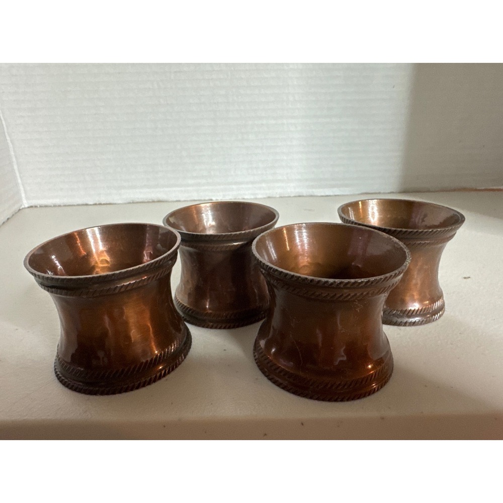 Vintage Copper Napkin Rings Set of 4 Flared Rope Edge Textured Metal Table Decor